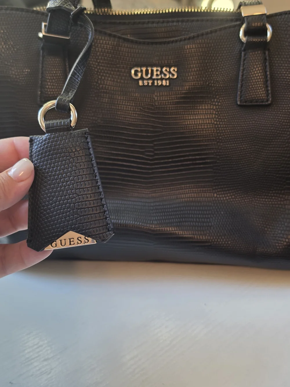GUESS Black Textured Lizard-Embossed Tote with Gold Logo